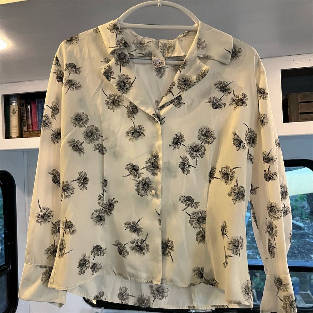 Mode de Paris Women's Floral Button-Up Blouse White Size 36 Vintage